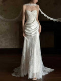 Vintage Lace & Satin Strapless Mermaid Wedding Dress with Sheer Neckline