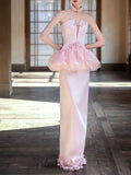 Blush Pink Strapless Satin Mermaid Evening Gown with Peplum and Floral Appliqués