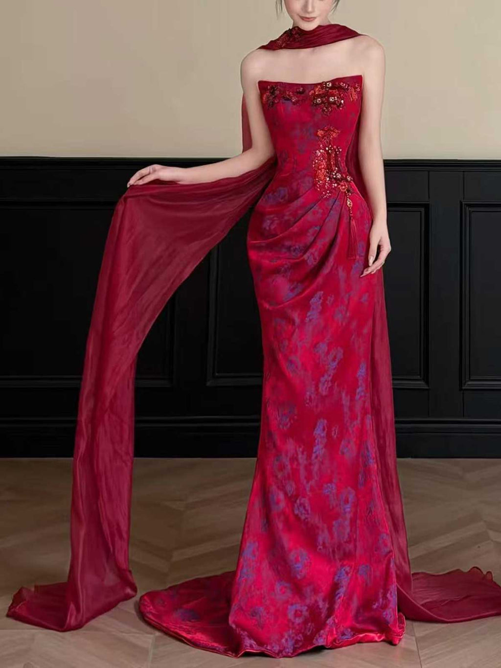Red Strapless Jacquard Mermaid Evening Gown with Embroidery & Sheer Shawl