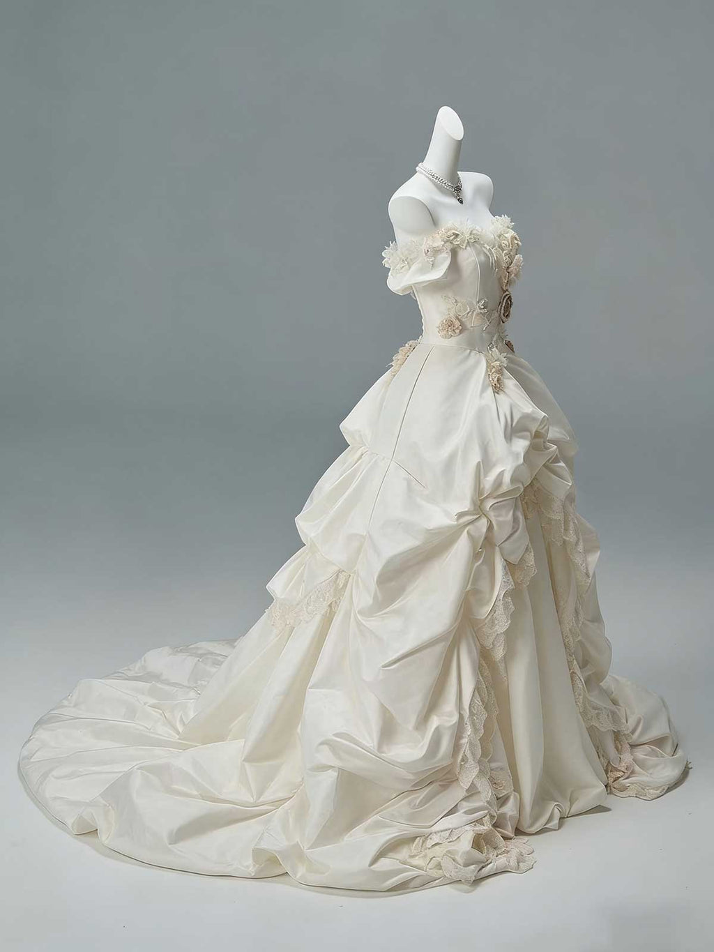 Vintage Champagne Satin 3D Floral Off-the-Shoulder Ball Gown Wedding Dress