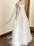 Ivory Lace Strapless Tulle A-Line Wedding Dress with Veil & Lace Gloves