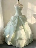 Strapless Mint Floral Draped Organza A-Line Ball Evening Gown