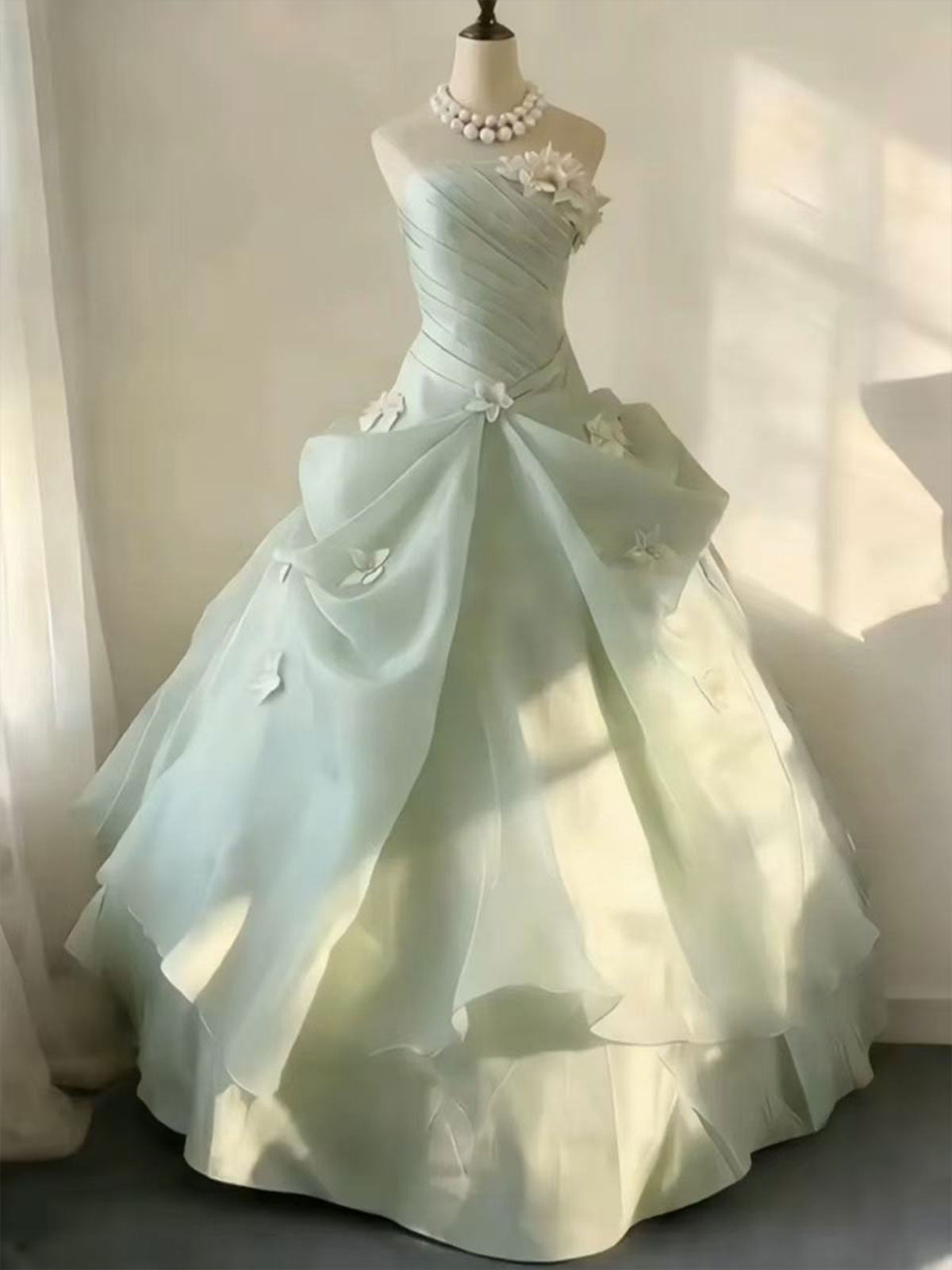Strapless Mint Floral Draped Organza A-Line Ball Evening Gown