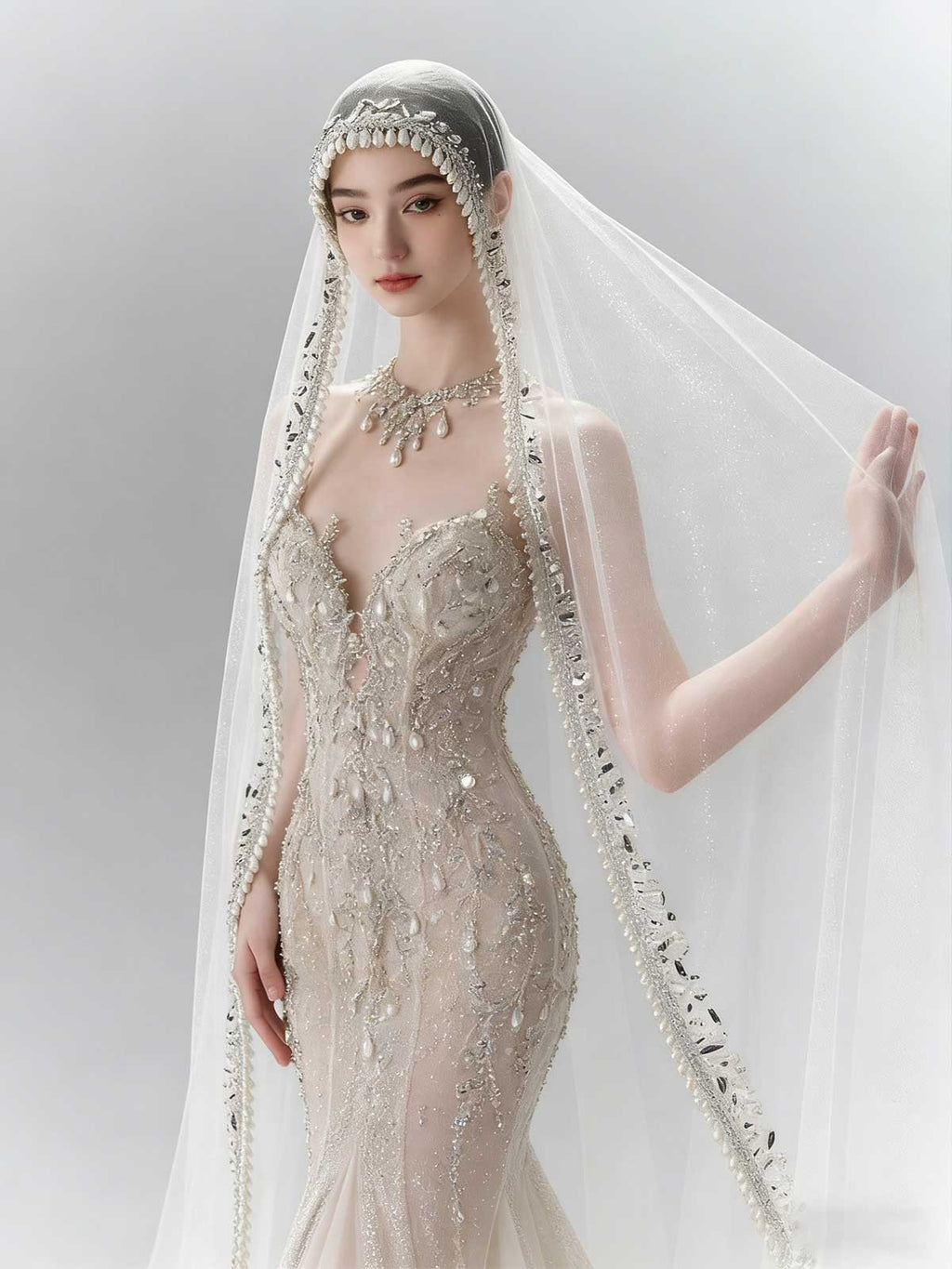 Luxury Beaded Sheer Mermaid Wedding Dress with Crystal Veil