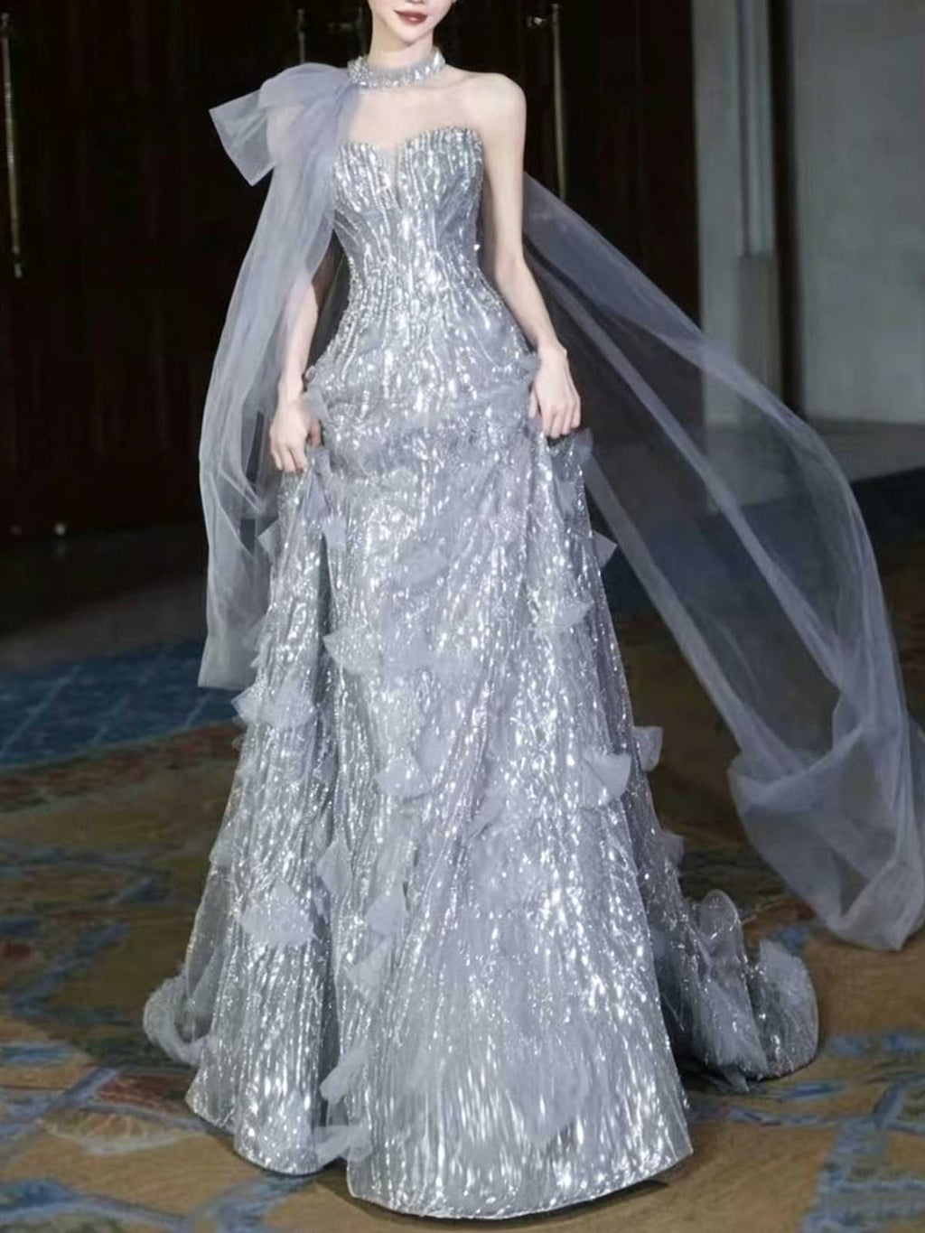 Silver Sequin One-Shoulder Tulle A-Line Evening Gown with Cape