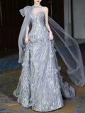 Silver Sequin One-Shoulder Tulle A-Line Evening Gown with Cape
