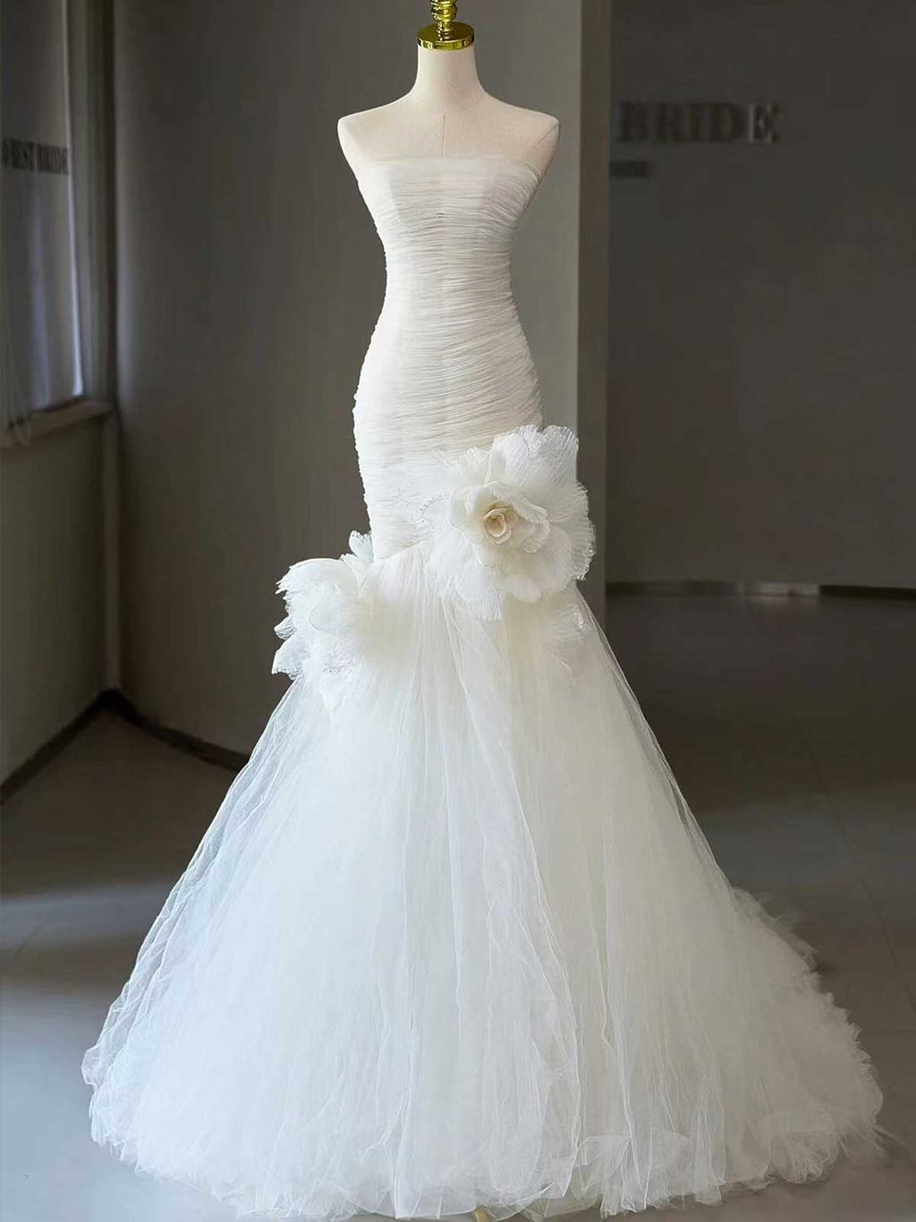 Ivory Ruched Tulle Strapless Mermaid Wedding Dress with 3D Floral Accent