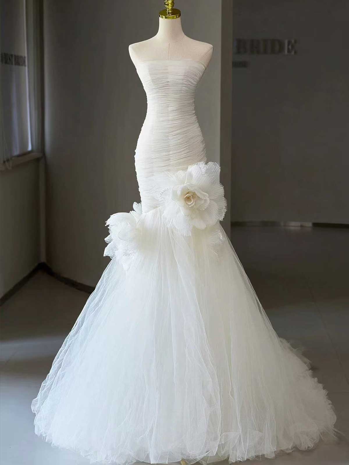 Ivory Ruched Tulle Strapless Mermaid Wedding Dress with 3D Floral Accent