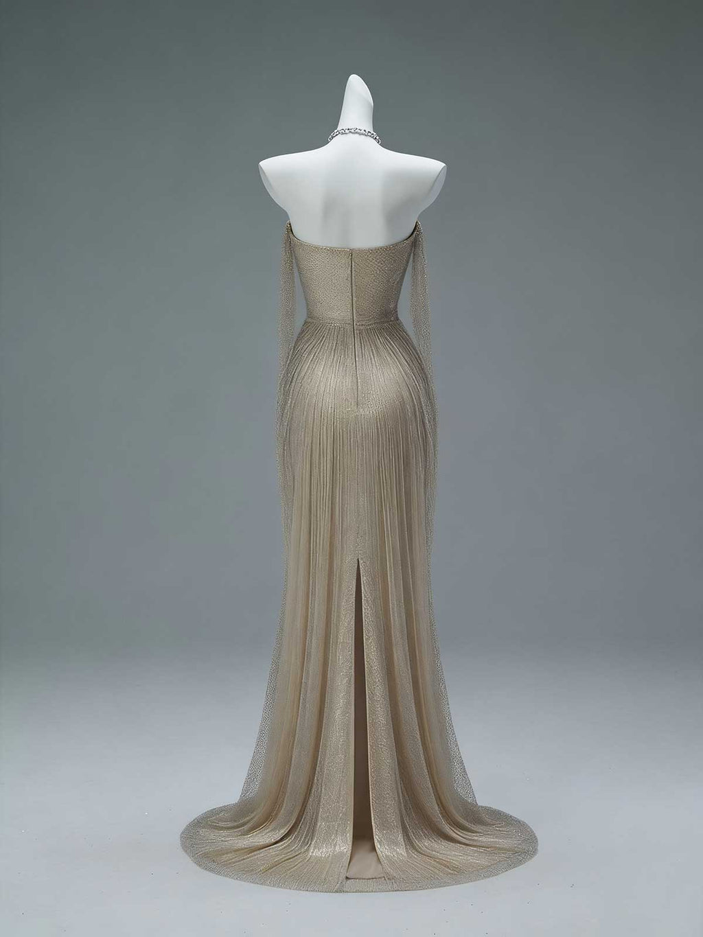 Champagne Off-the-Shoulder Beaded Mesh Mermaid Gown with High Slit