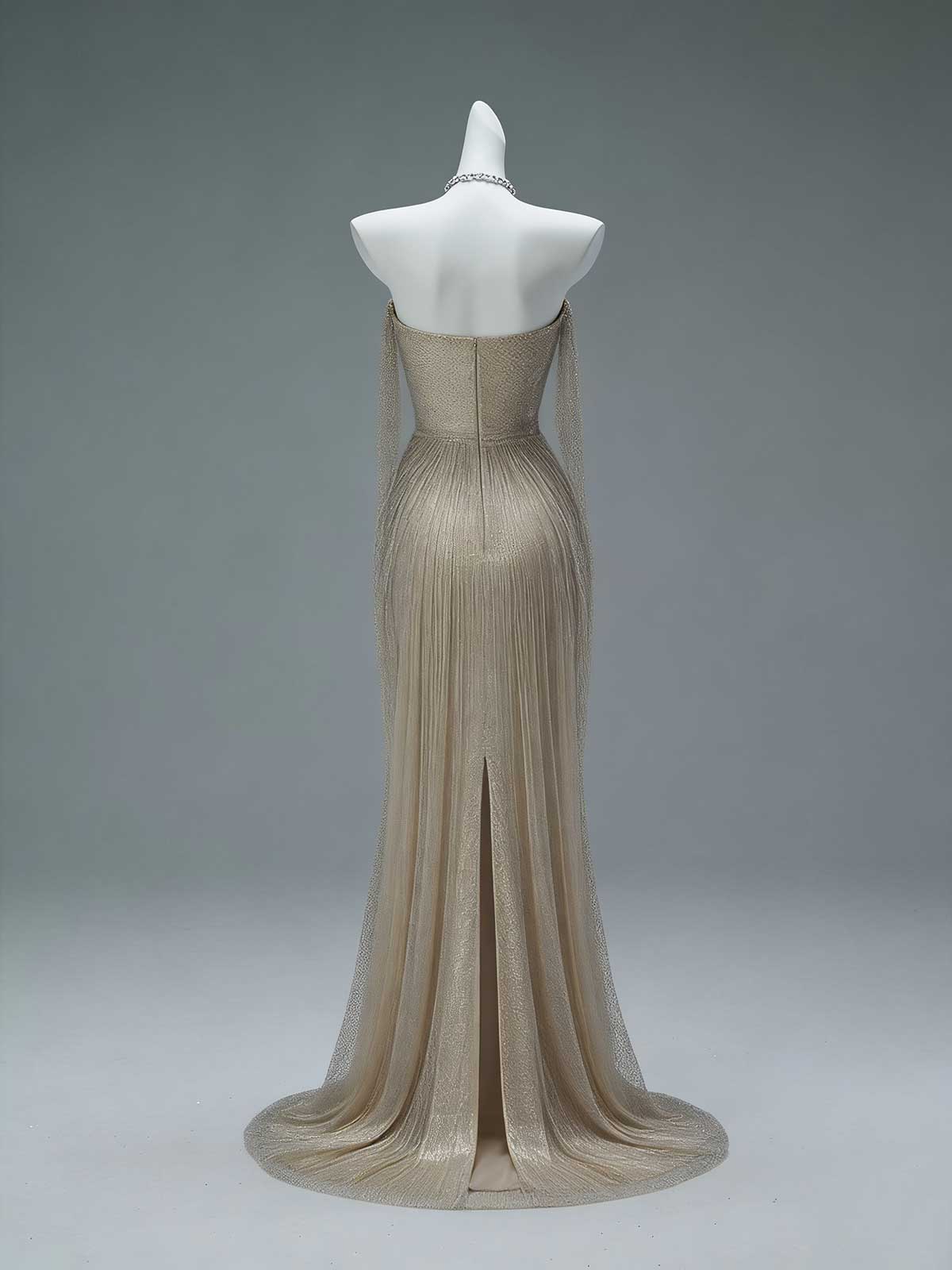 Champagne Off-the-Shoulder Beaded Mesh Mermaid Gown with High Slit