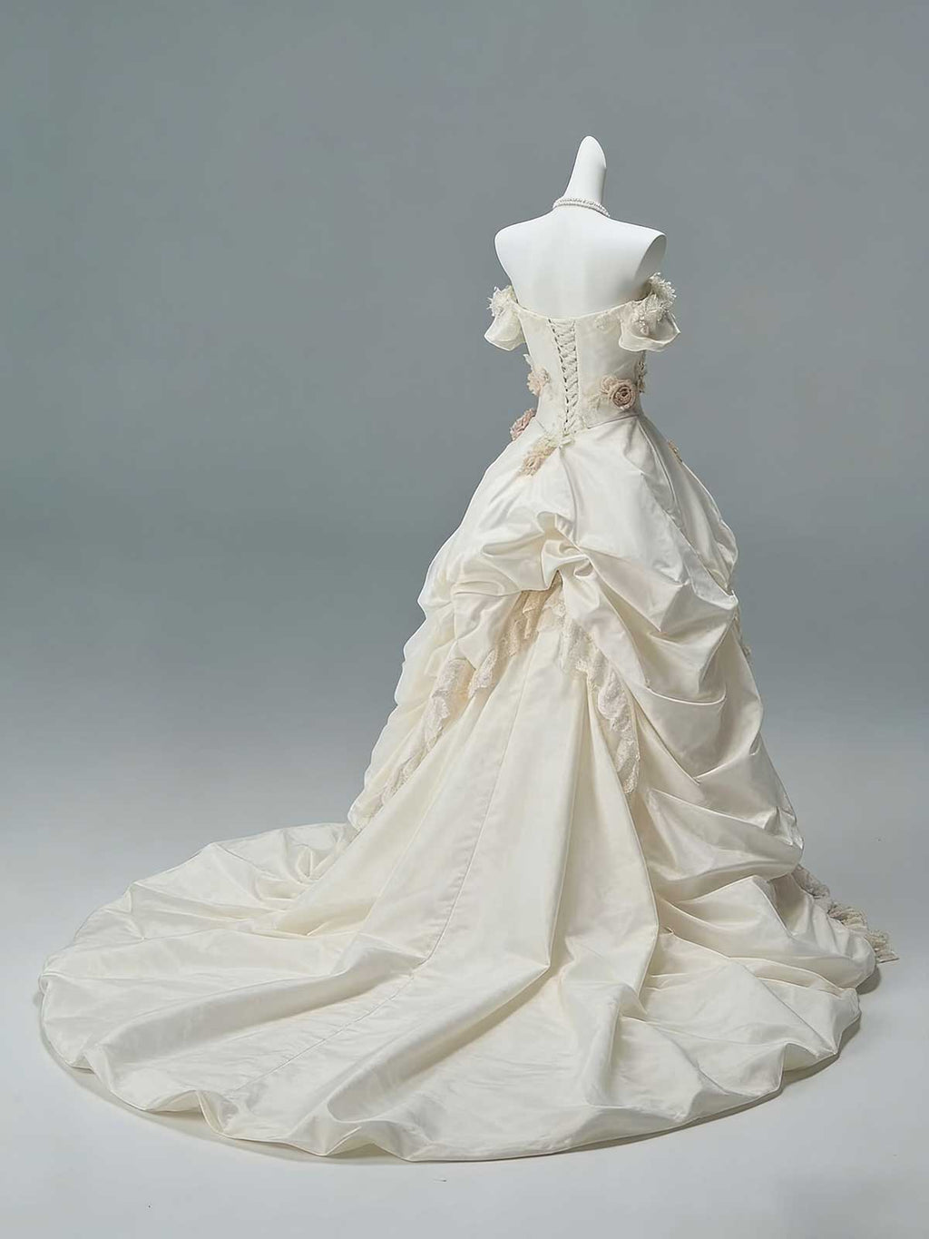 Vintage Champagne Satin 3D Floral Off-the-Shoulder Ball Gown Wedding Dress