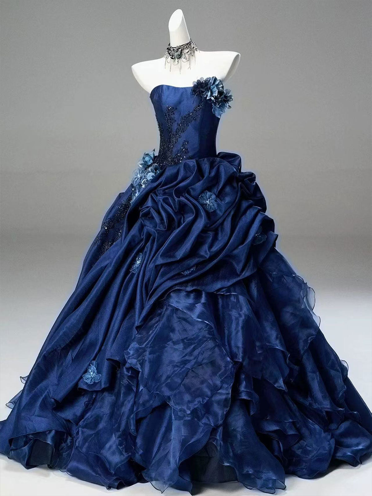 Strapless Navy Floral Beaded Ruffle Satin A-Line Formal Gown
