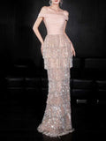  Blush Pink Tiered Fringe Sequin Evening Gown