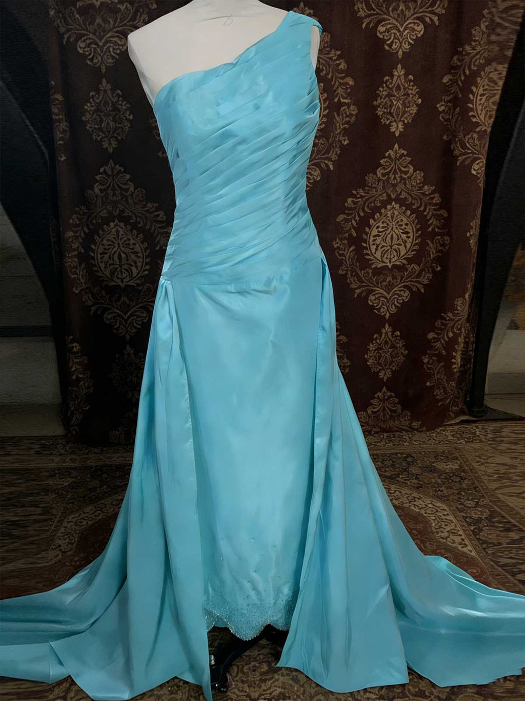 Turquoise One-Shoulder Satin Mermaid Gown with Beaded Hem for Prom