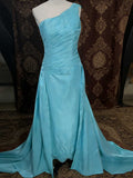 Turquoise One-Shoulder Satin Mermaid Gown with Beaded Hem for Prom