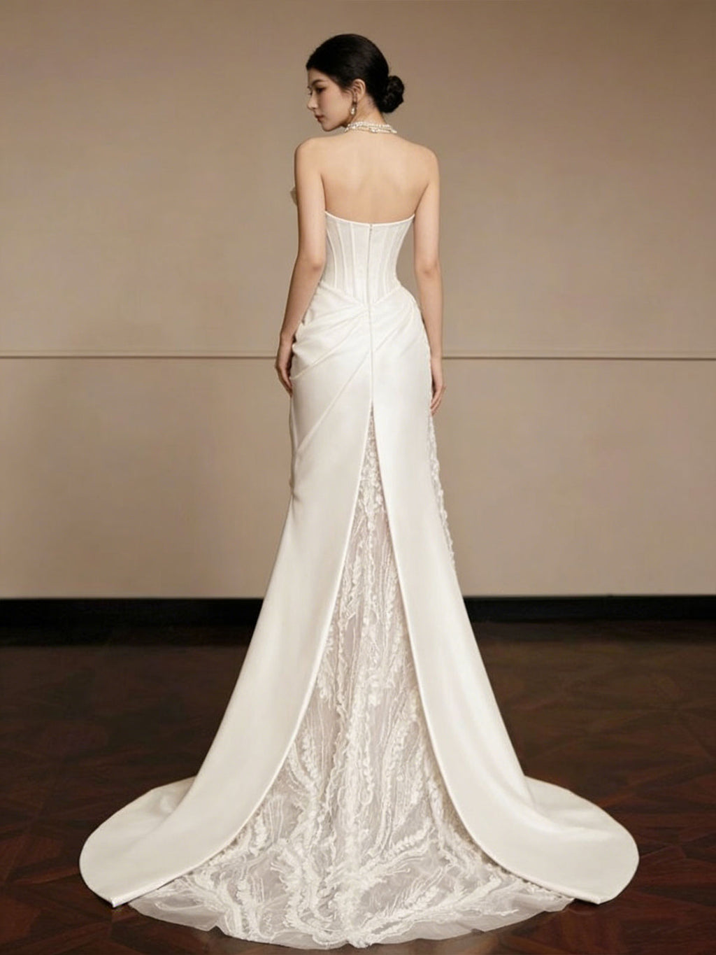 Luxury White Satin Strapless Corset Gown with Side Slit
