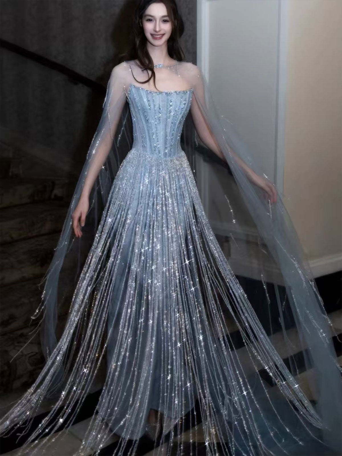 Corset Ice Blue Fringe Cape Tulle Sparkle Formal Evening Gown