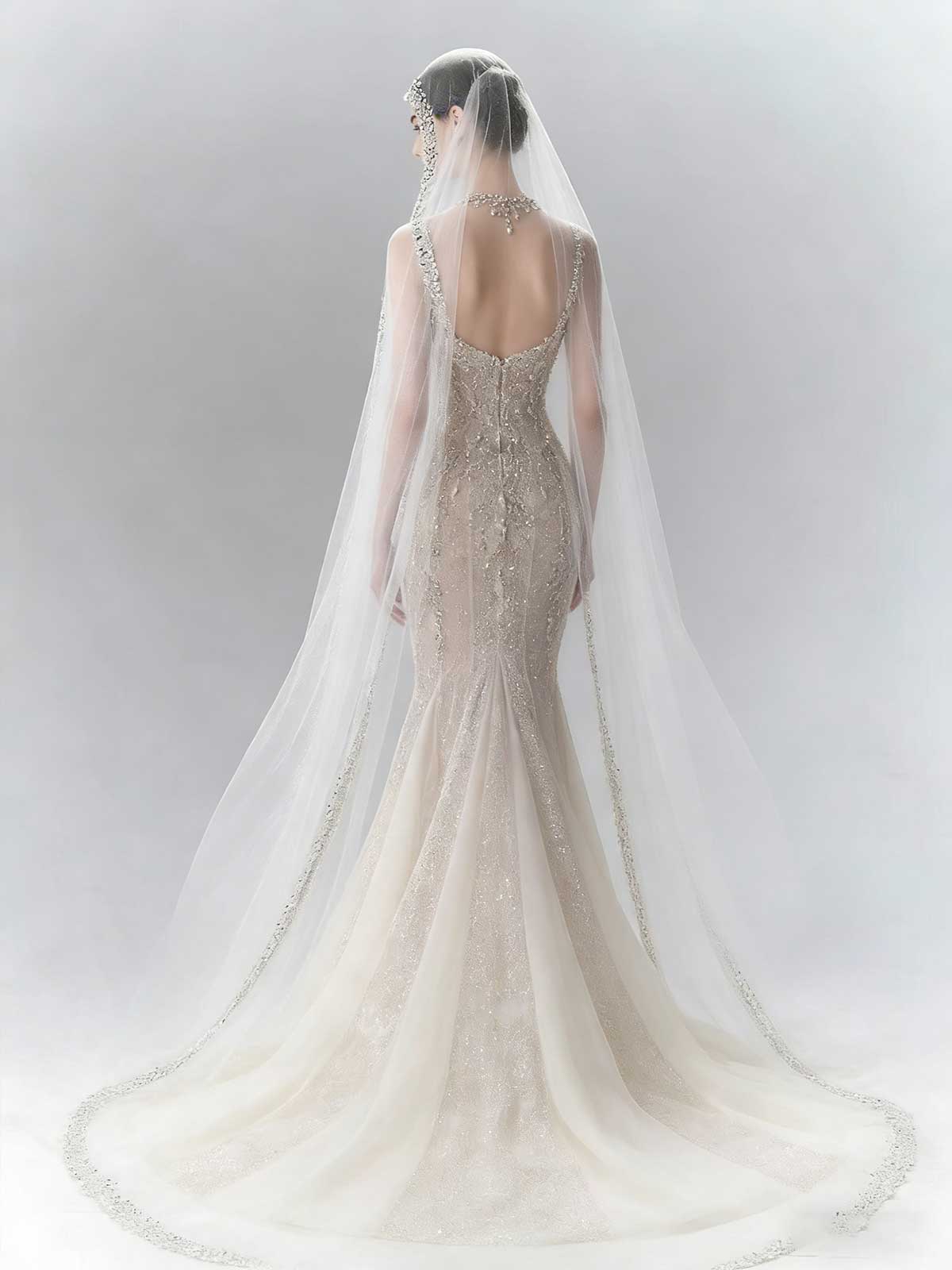 Luxury Beaded Sheer Mermaid Wedding Dress with Crystal Veil