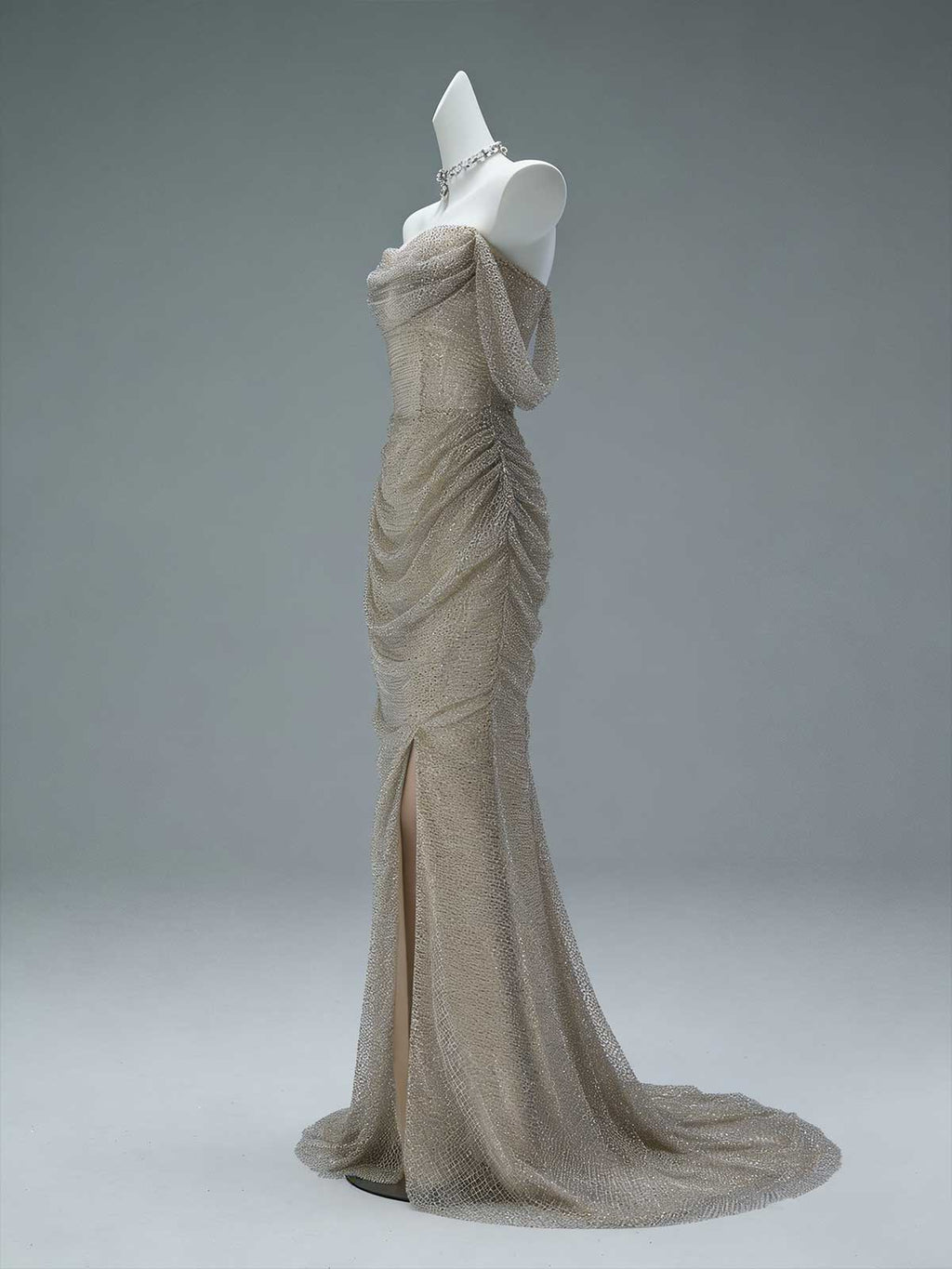 Champagne Off-the-Shoulder Beaded Mesh Mermaid Gown with High Slit