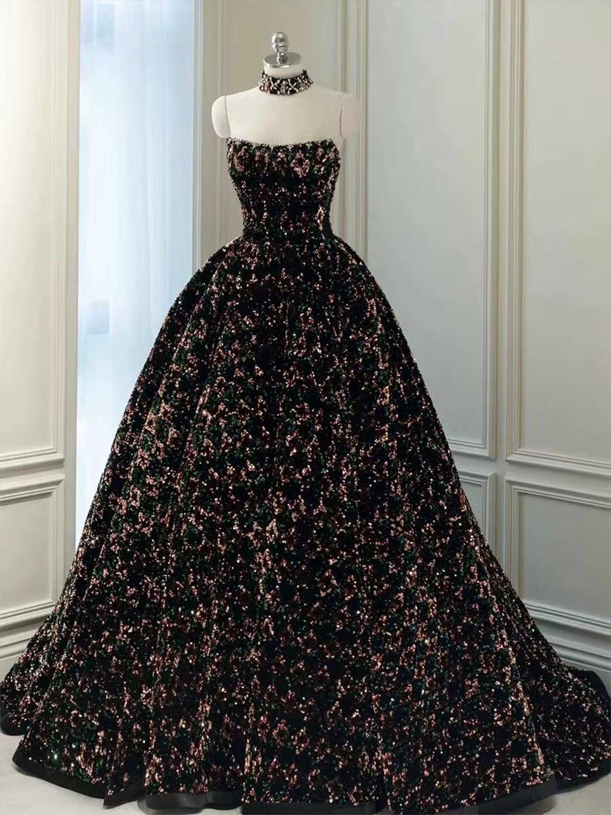Black Multicolor Sequin Strapless Ball Gown with Choker Neckline