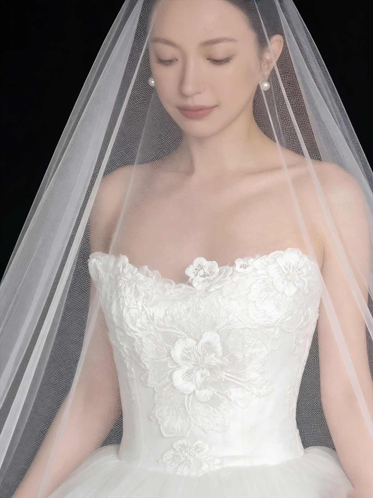 White Lace Strapless A-Line Wedding Dress with Cathedral Veil & Train