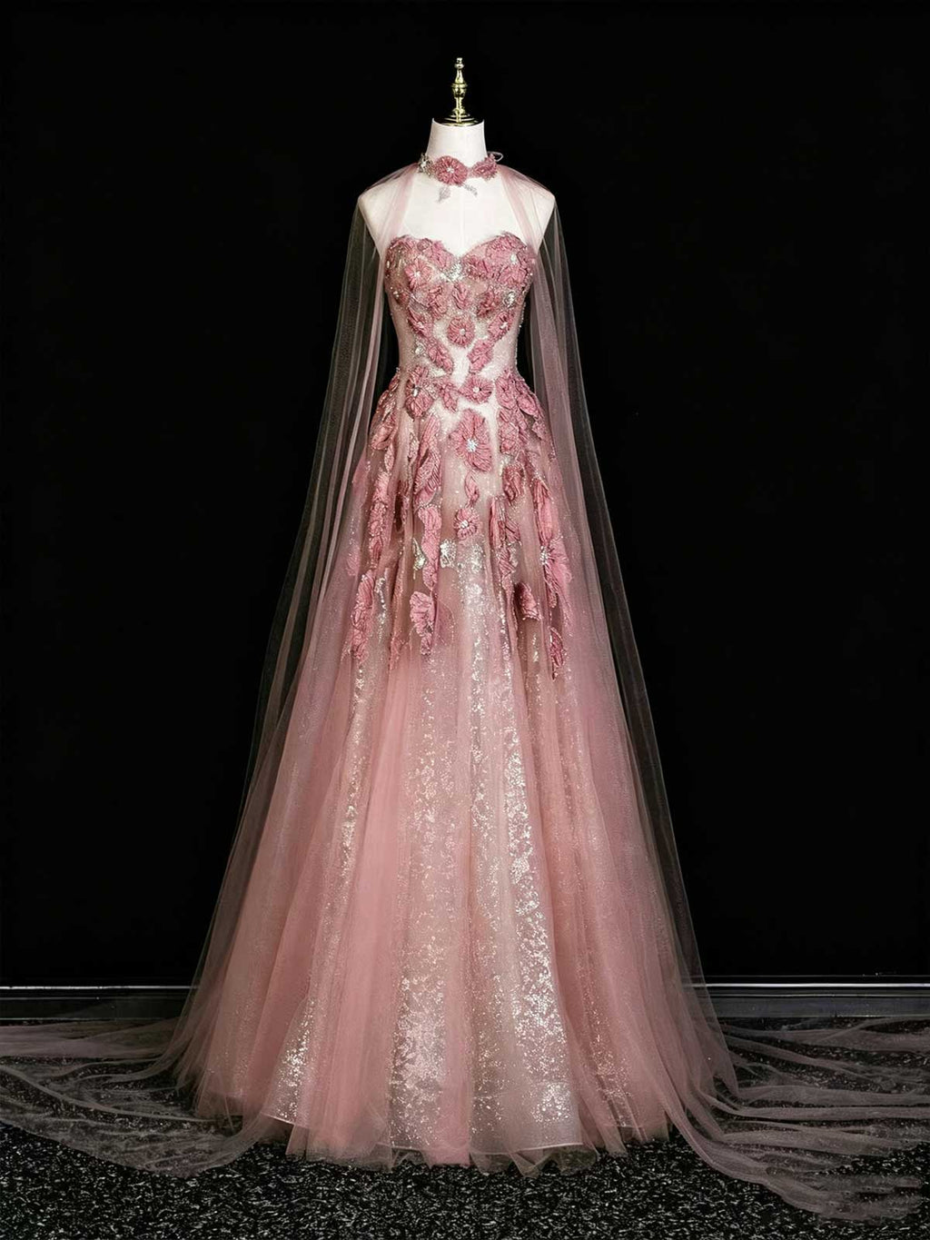 Dusty Pink 3D Floral Applique Strapless A-Line Evening Gown with Cape