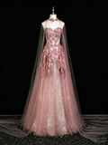 Dusty Pink 3D Floral Applique Strapless A-Line Evening Gown with Cape