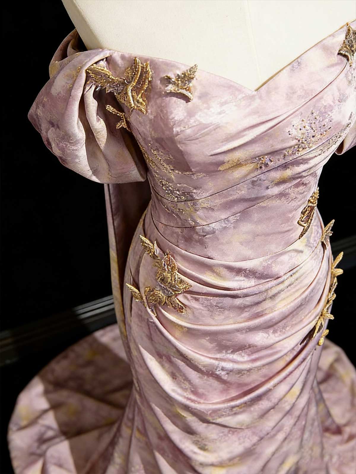 Off-Shoulder Dusty Pink Floral Print Satin Mermaid Gown
