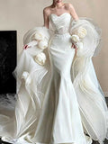 Strapless Satin Mermaid Wedding Dress with Detachable Floral Tulle Sleeves