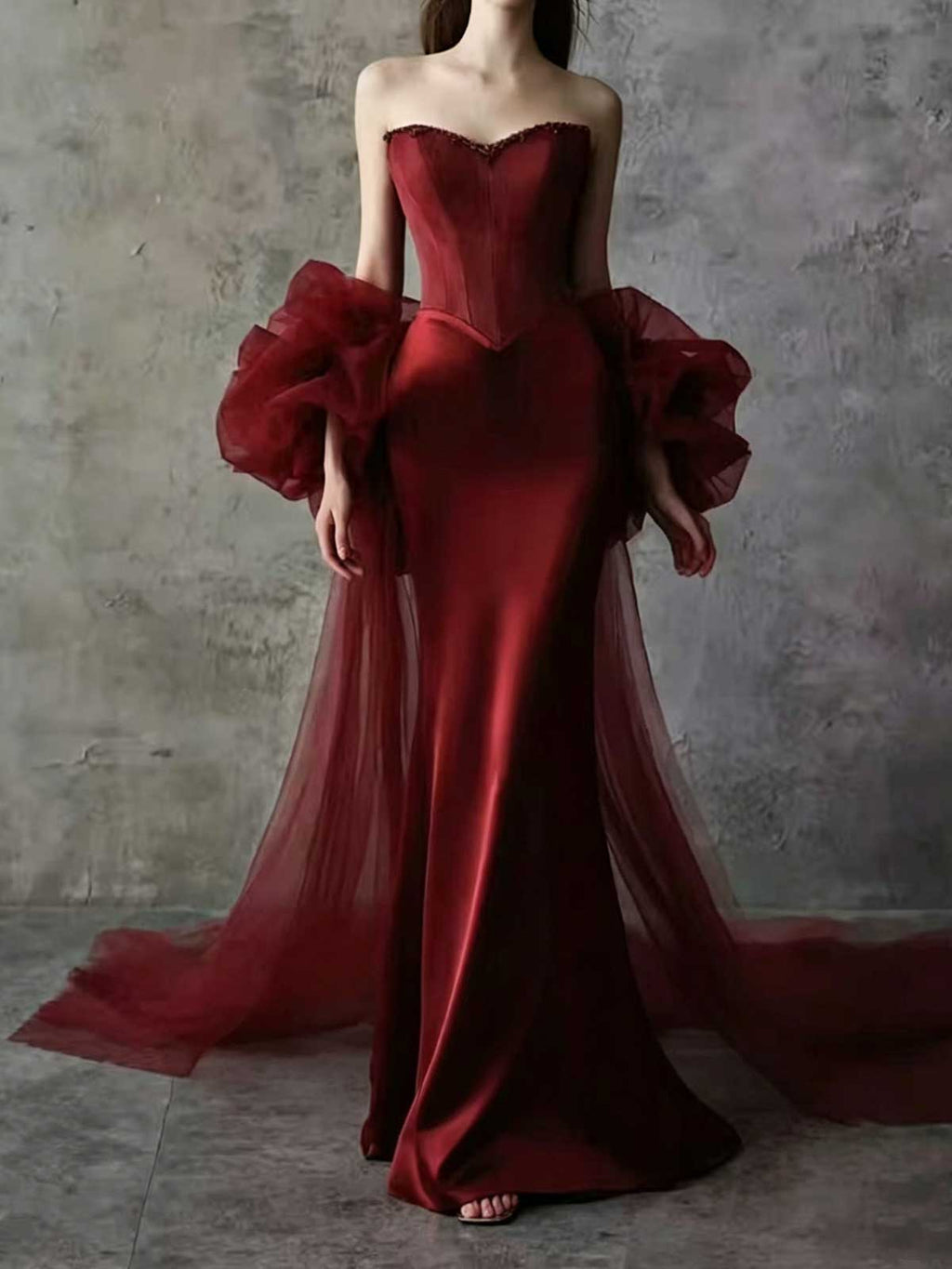 Burgundy Satin Strapless Mermaid Evening Gown with Tulle Sleeves