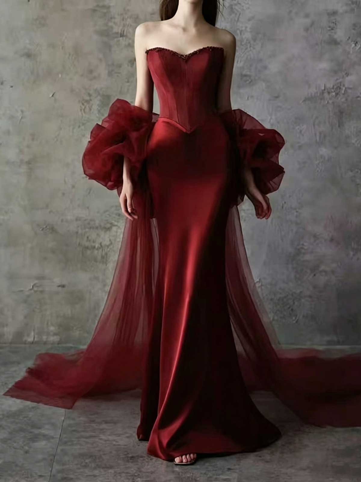 Burgundy Satin Strapless Mermaid Evening Gown with Tulle Sleeves