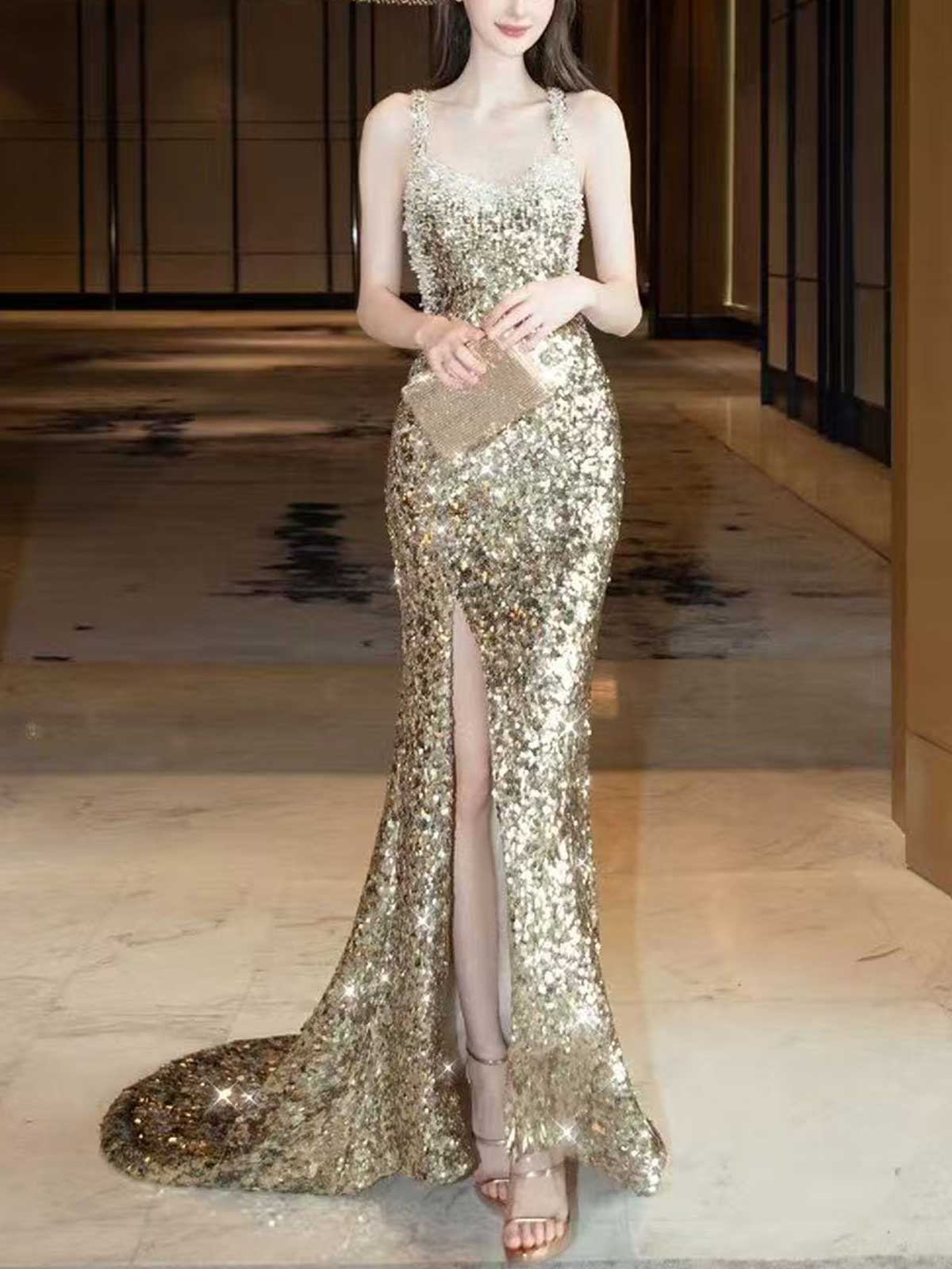 Gold Spaghetti Strap Sequin Mermaid Evening Gown with Slit & Train