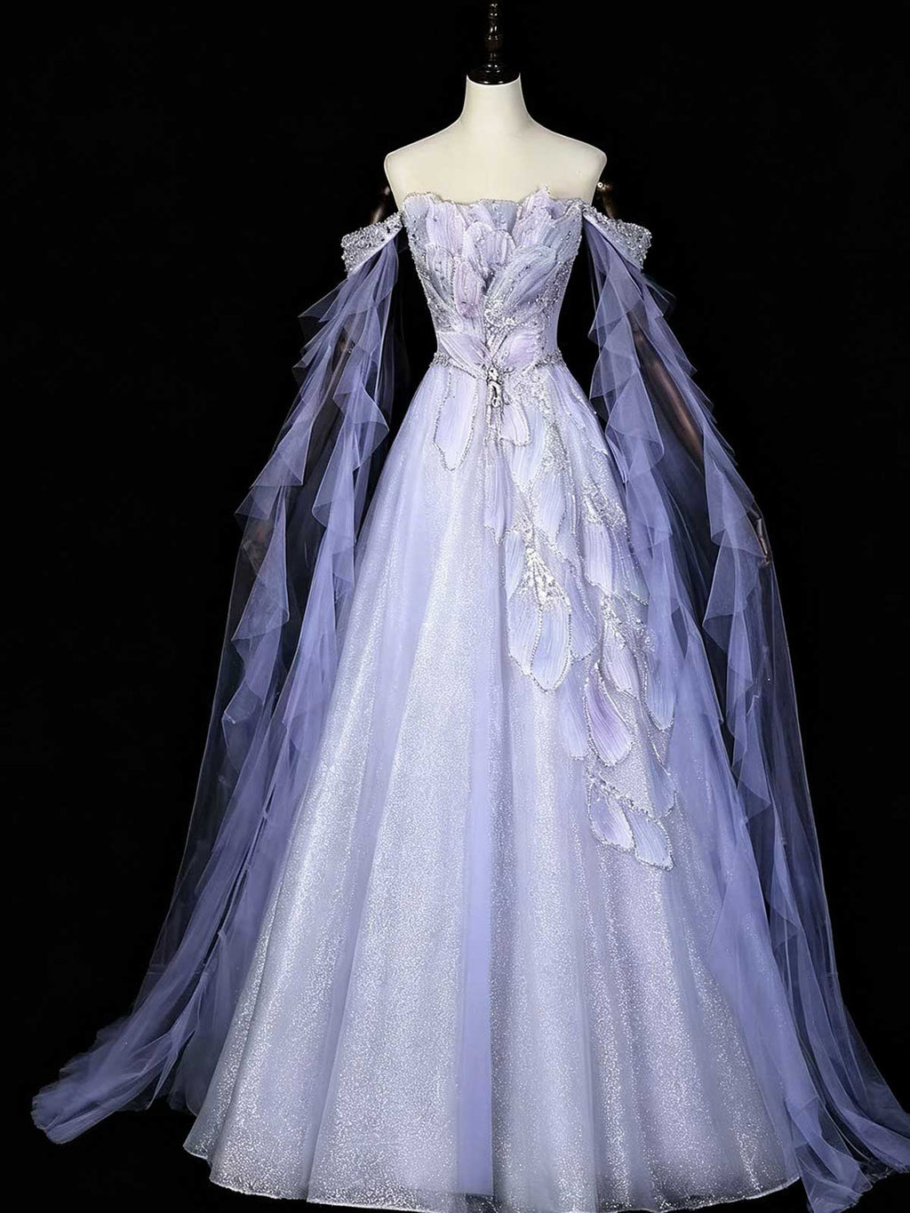 Lavender Off-the-Shoulder Ruffle Sleeve A-Line Prom Gown with 3D Floral