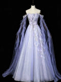 Lavender Off-the-Shoulder Ruffle Sleeve A-Line Prom Gown with 3D Floral