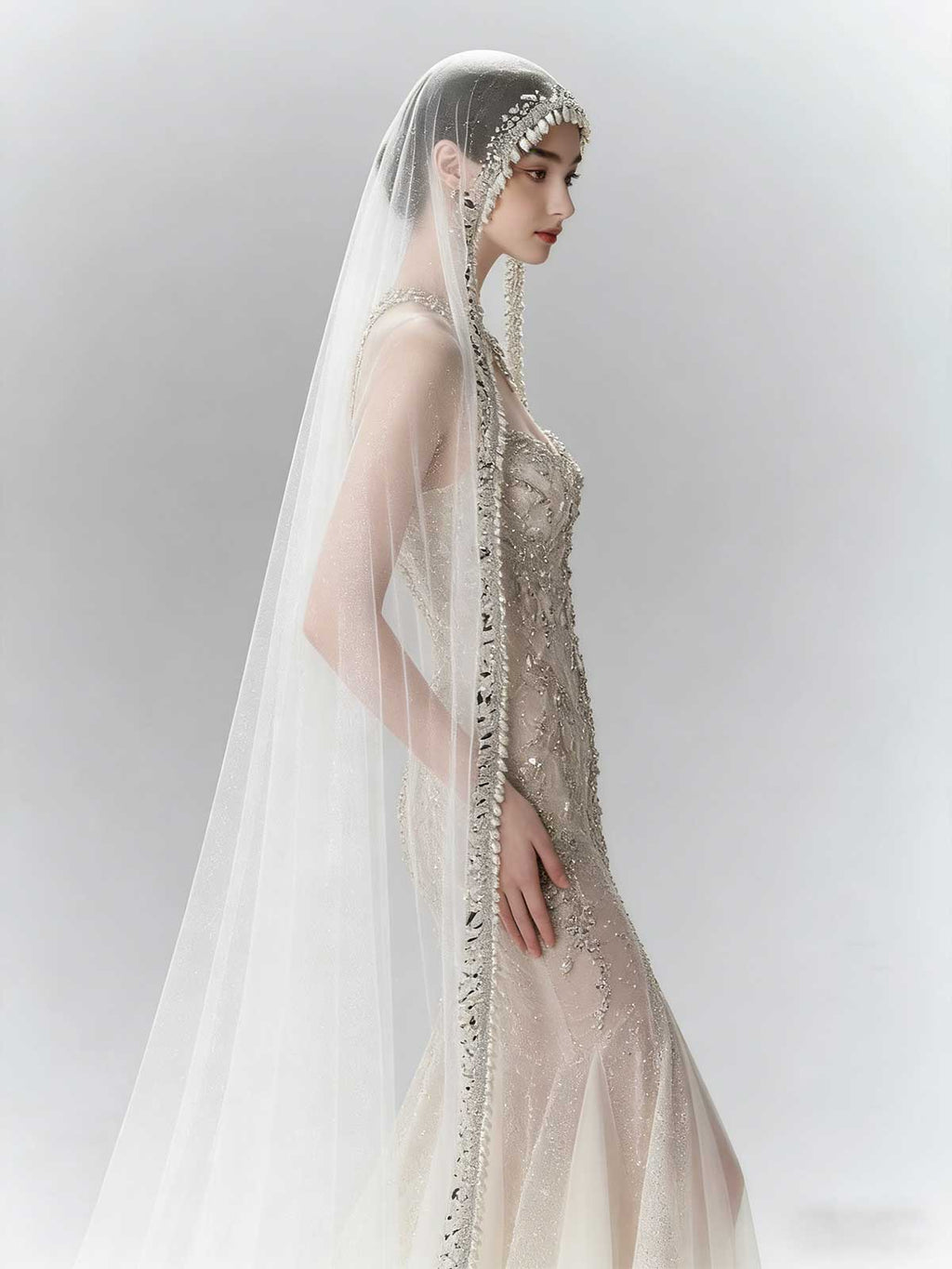 Luxury Beaded Sheer Mermaid Wedding Dress with Crystal Veil