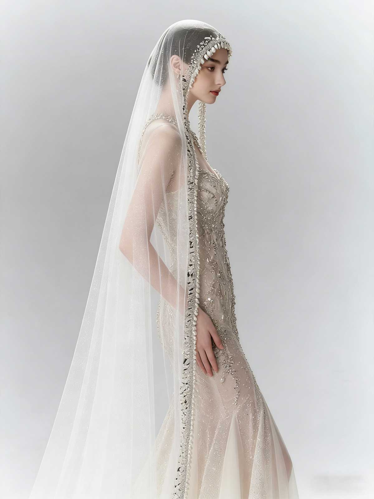 Luxury Beaded Sheer Mermaid Wedding Dress with Crystal Veil
