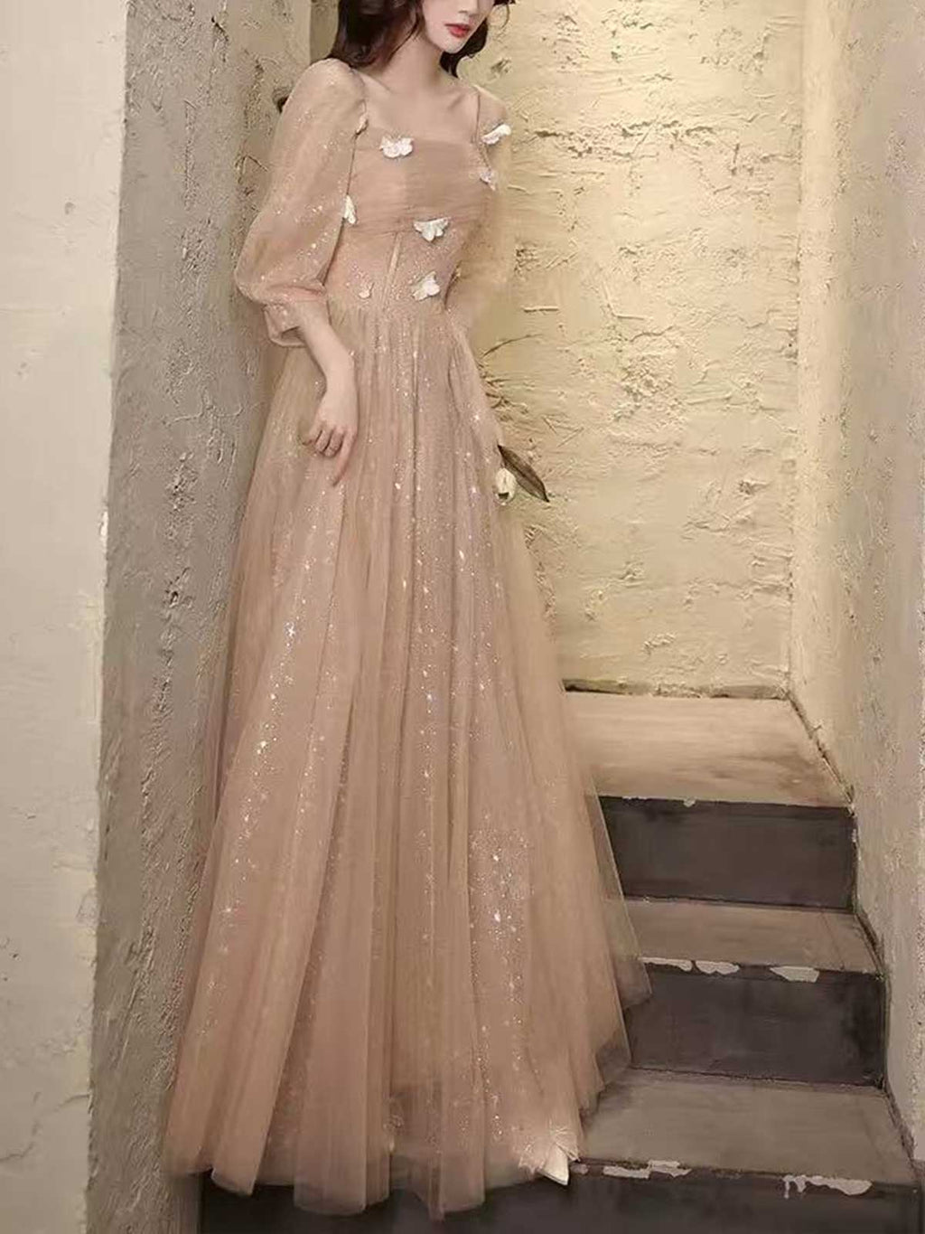 Nude Pink Tulle Evening Gown
