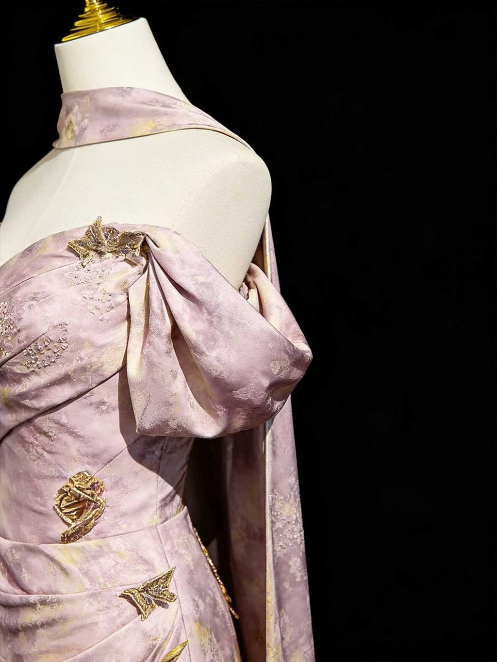 Off-Shoulder Dusty Pink Floral Print Satin Mermaid Gown