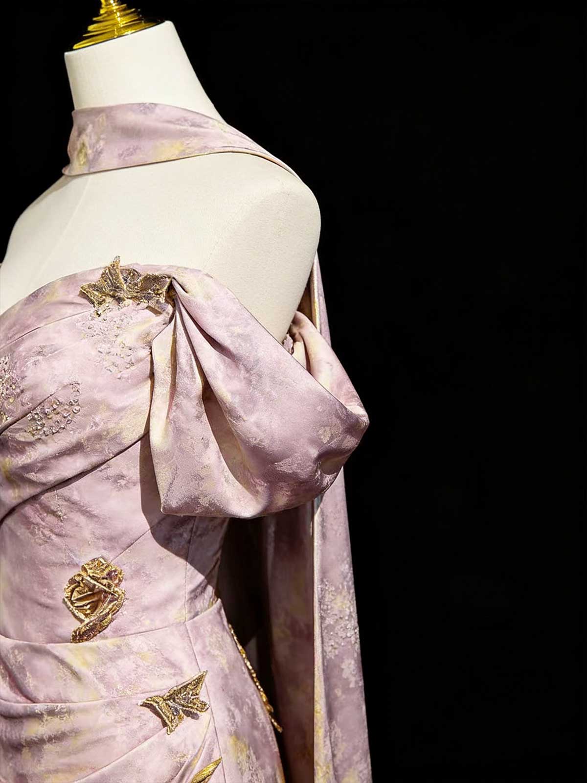 Off-Shoulder Dusty Pink Floral Print Satin Mermaid Gown