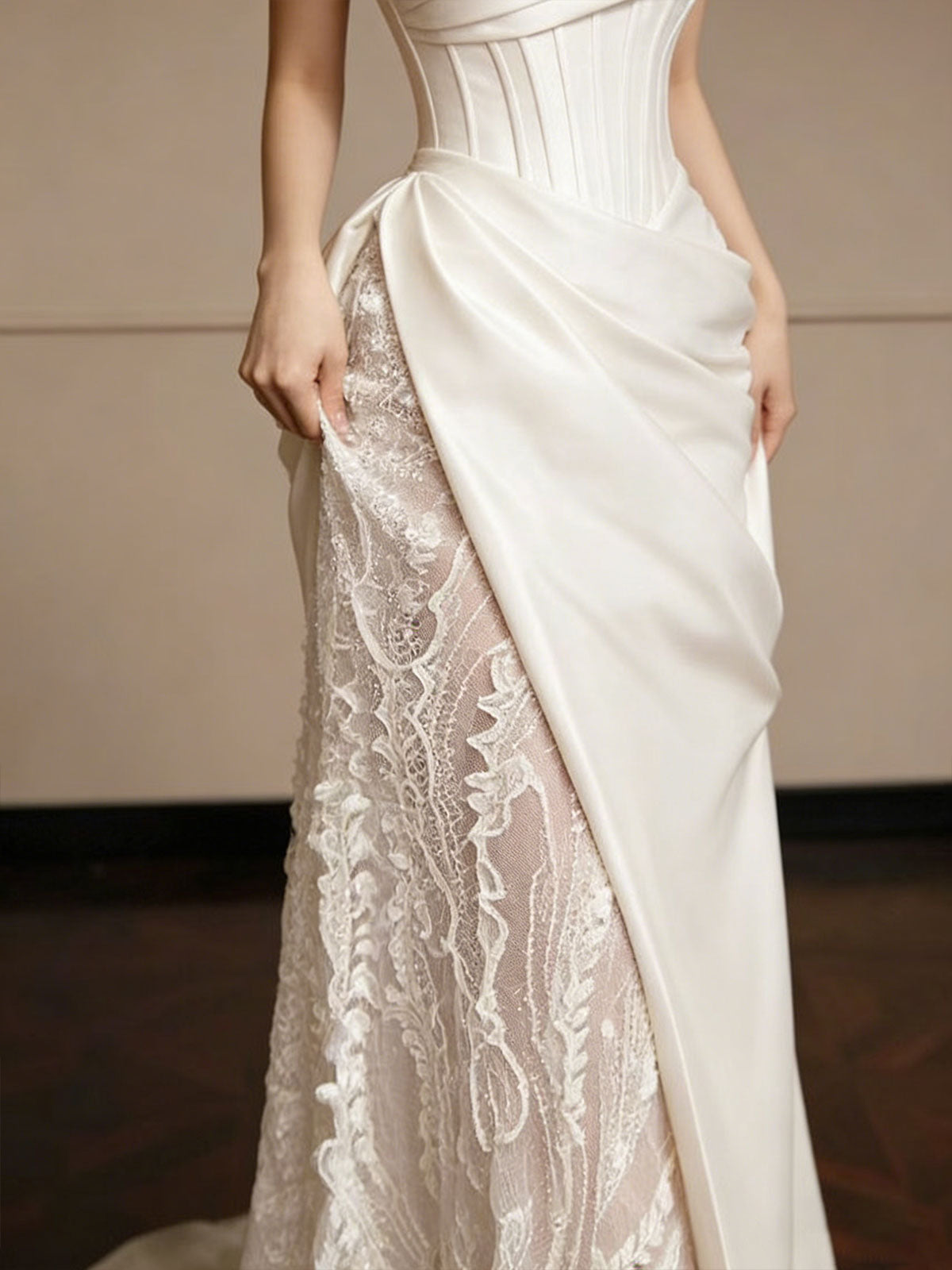 Luxury White Satin Strapless Corset Gown with Side Slit