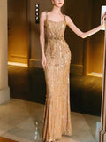 Champagne Gold Beaded Sequin Mermaid Evening Gown with Embellished Straps