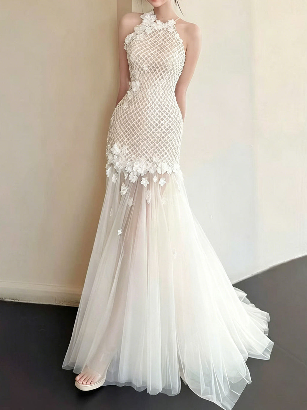 Halter White Grid Lace 3D Floral Sheer Mermaid Wedding Dress