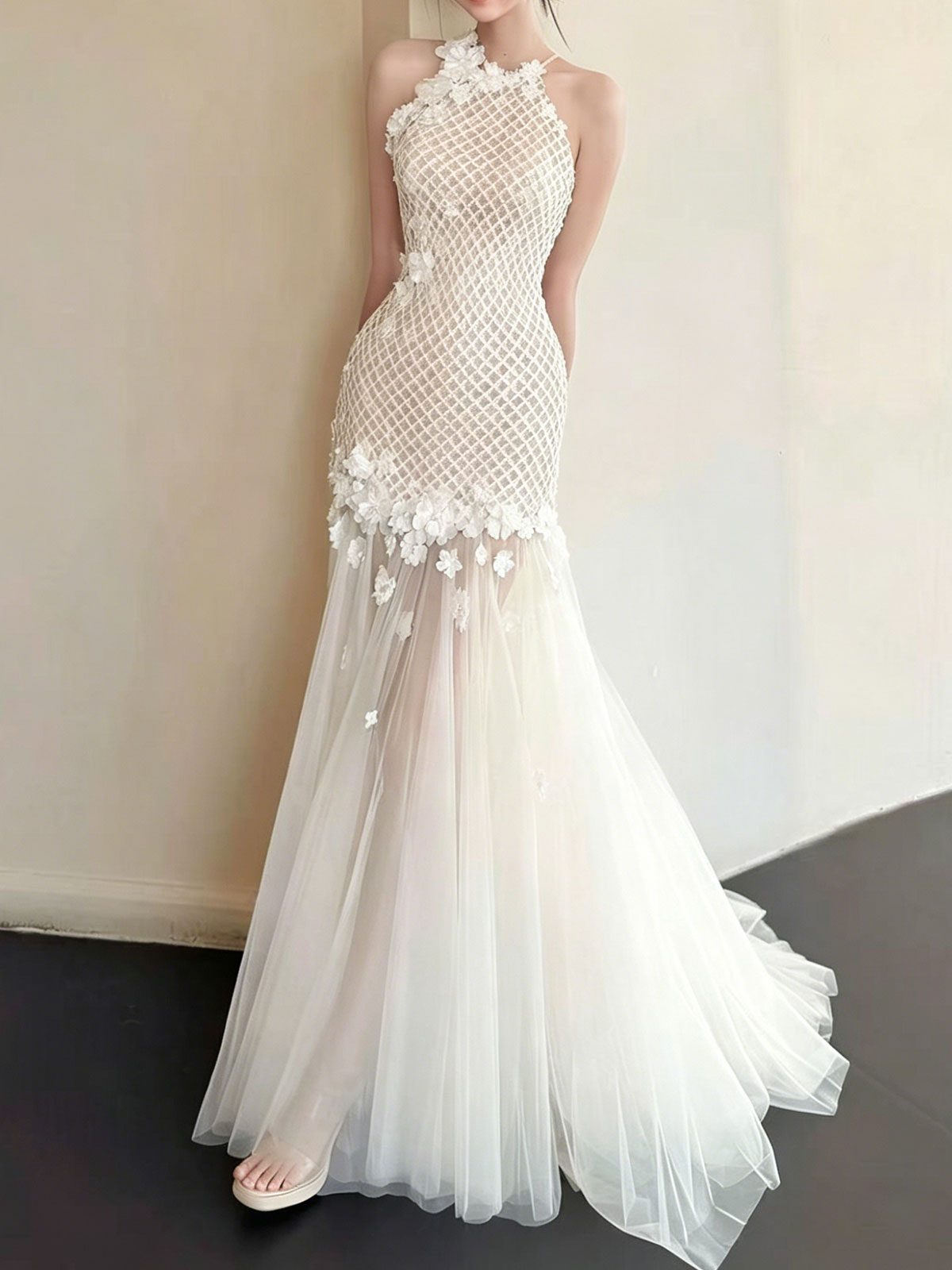Halter White Grid Lace 3D Floral Sheer Mermaid Wedding Dress