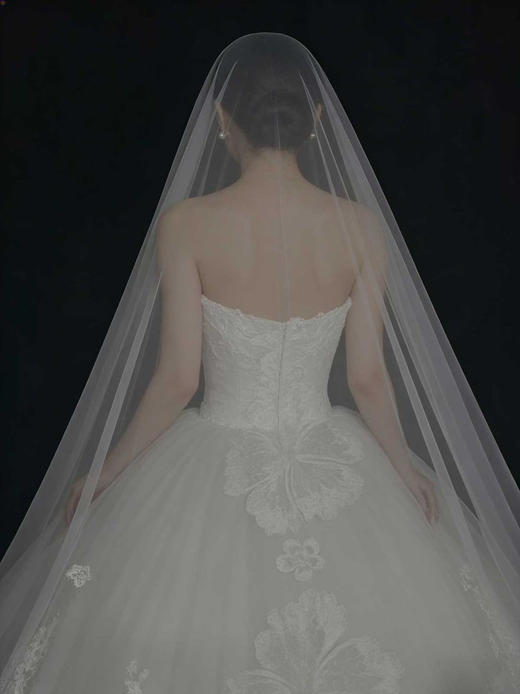 White Lace Strapless A-Line Wedding Dress with Cathedral Veil & Train