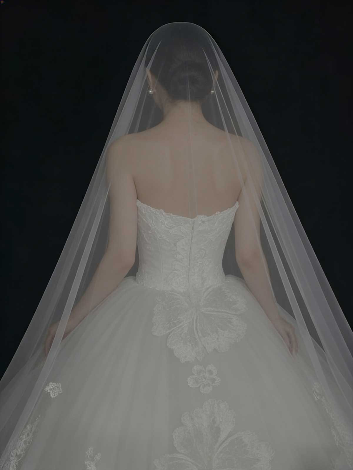 White Lace Strapless A-Line Wedding Dress with Cathedral Veil & Train