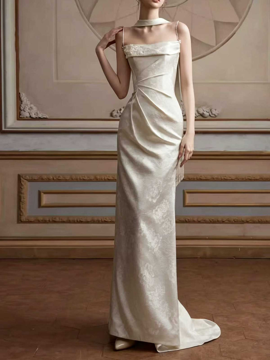 Ivory Jacquard Halter Neck Satin Mermaid Wedding Dress