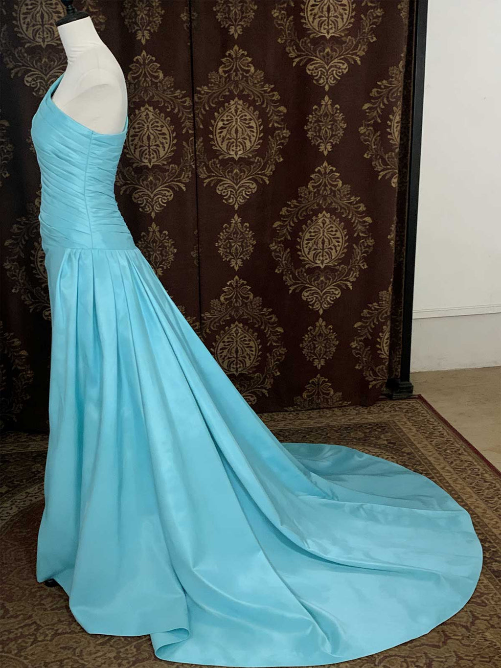 Turquoise One-Shoulder Satin Mermaid Gown with Beaded Hem for Prom