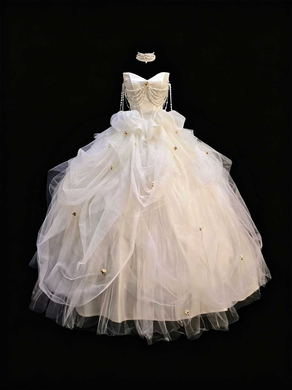 White Strapless Tulle Ball Gown with Pearl Chain Detail