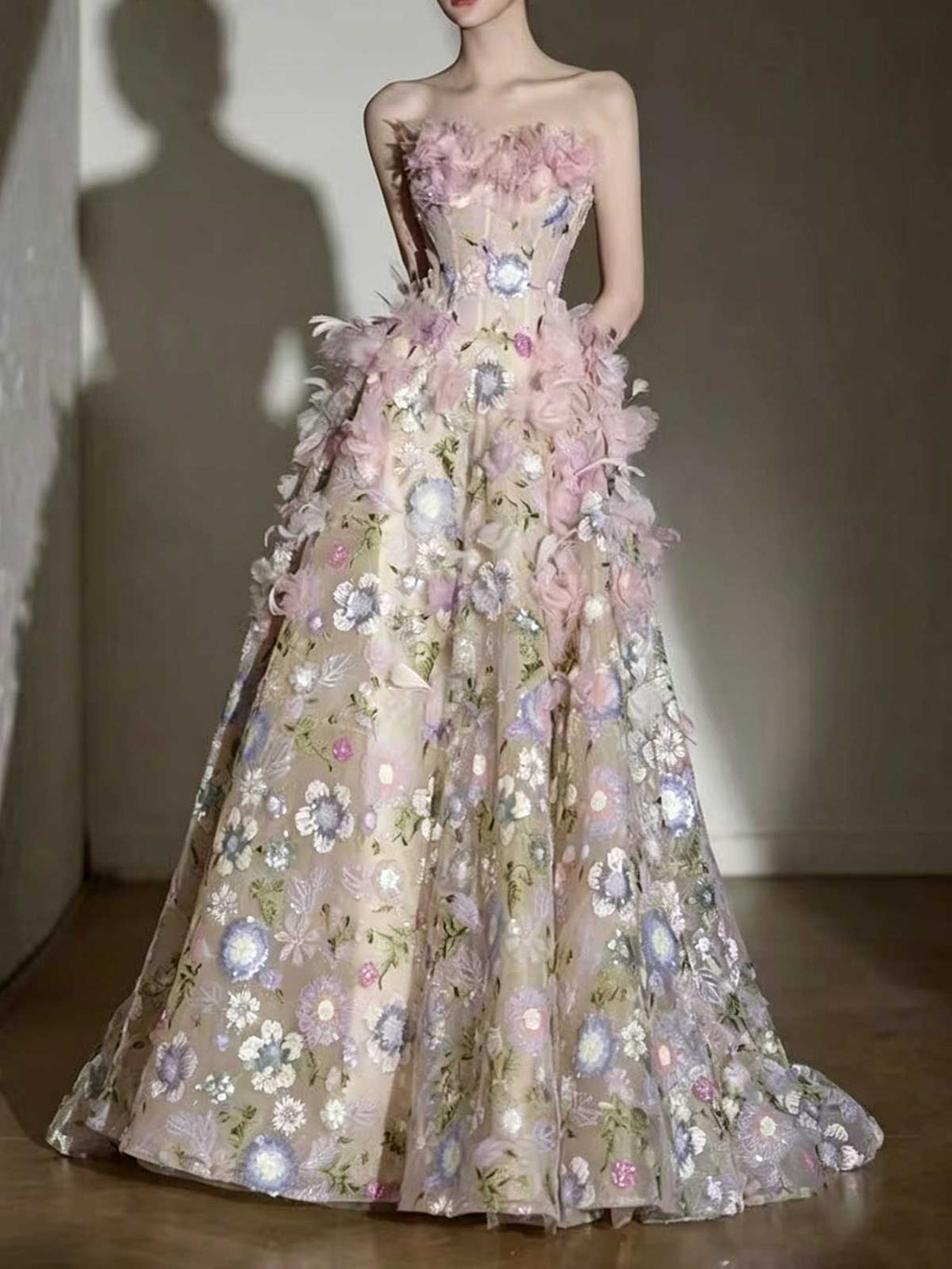 Pink Floral Feather Strapless Ball Gown Wedding Dress