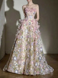 Pink Floral Feather Strapless Ball Gown Wedding Dress